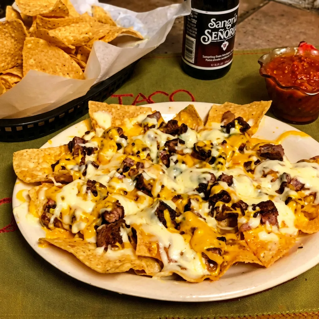 Nachos loaded with melted cheese and steak on a white plate