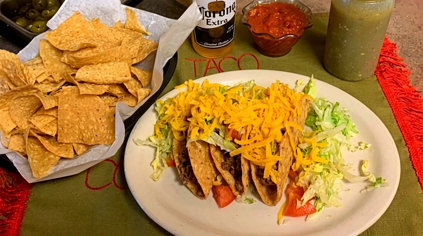 Crispy beef tacos topped with cheddar, lettuce and tomato, with chips and salsa